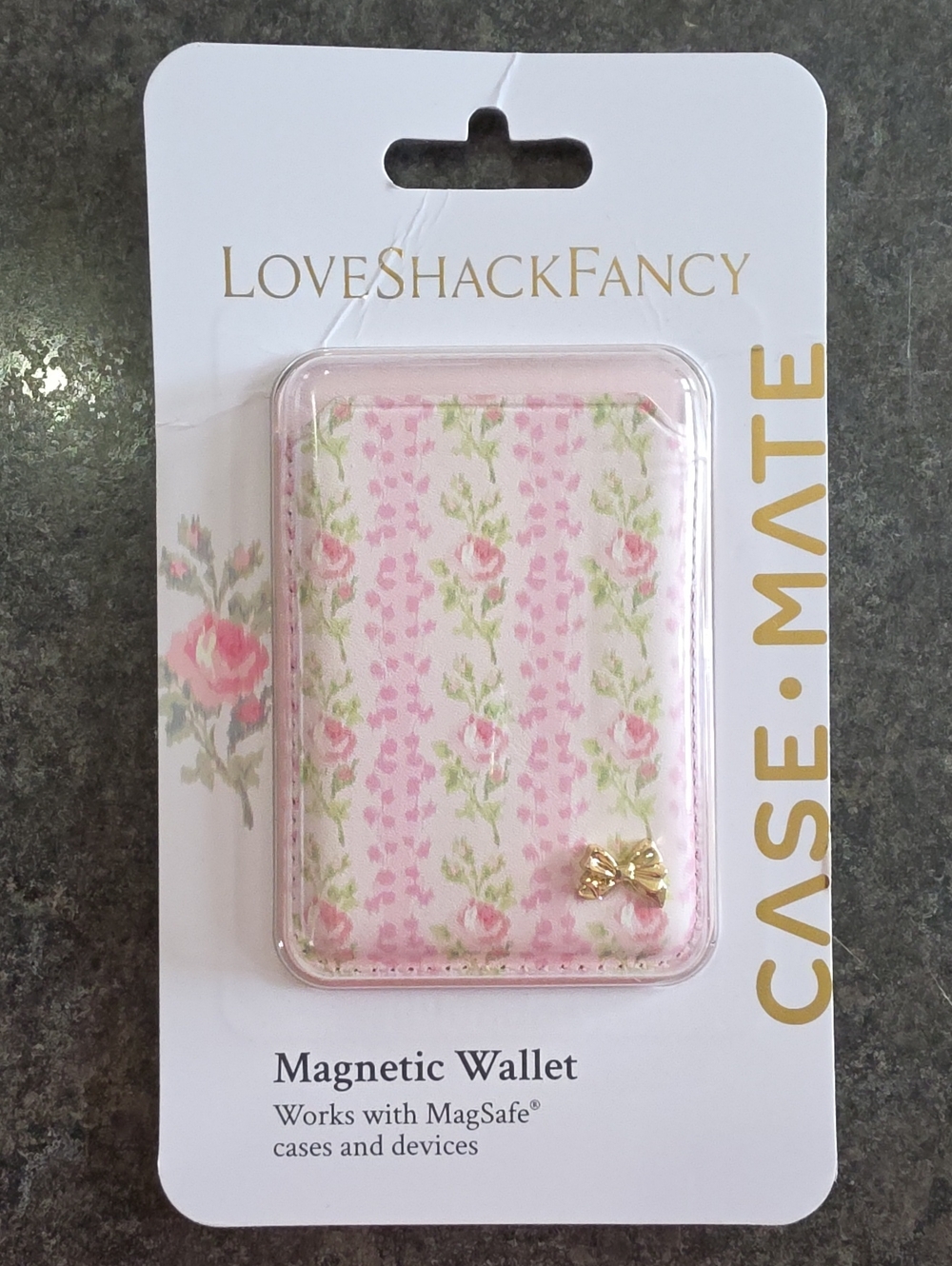 LoveShackFancy Pink Floral MagSafe Card Wallet with Gold Bow